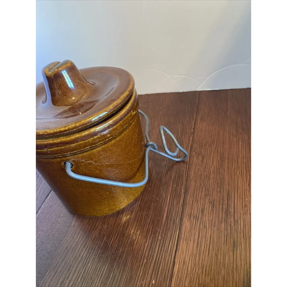 Vintage Cheese Crock with Locking Wire‎ Bail Lid Dark Brown Glaze Jar